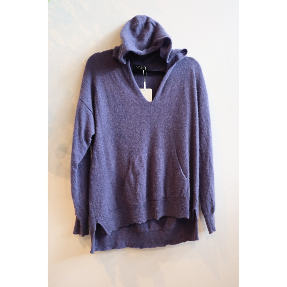 Lusso Cashmere Purple V-Neck Hoodie Sweater High-Low Hem Large